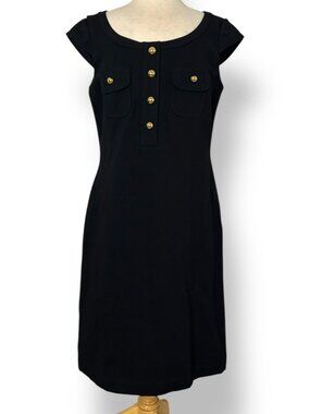 NWT Kay Unger Black A-Line Sheath Dress Cap Sleeves, Brass Buttons Size 14